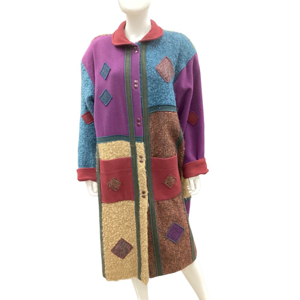 Vintage Coloratura Women’s Coat Size L Wool Multicolor Long Two Front Pockets